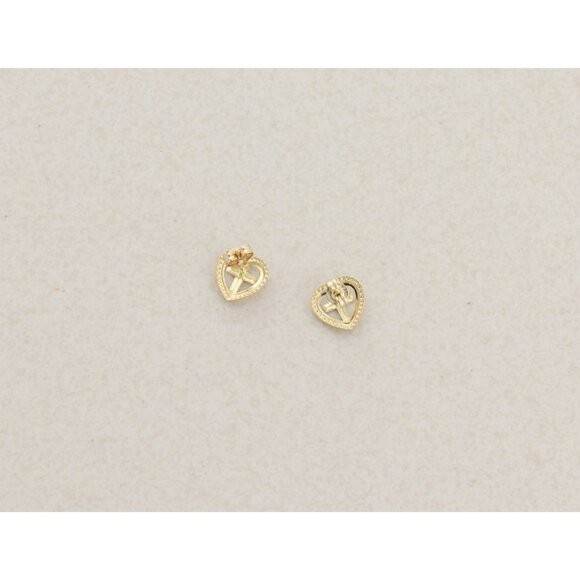 14k Yellow Gold & White Gold Heart Cross Earrings Stud Post 1/4" Round - Picture 5 of 9